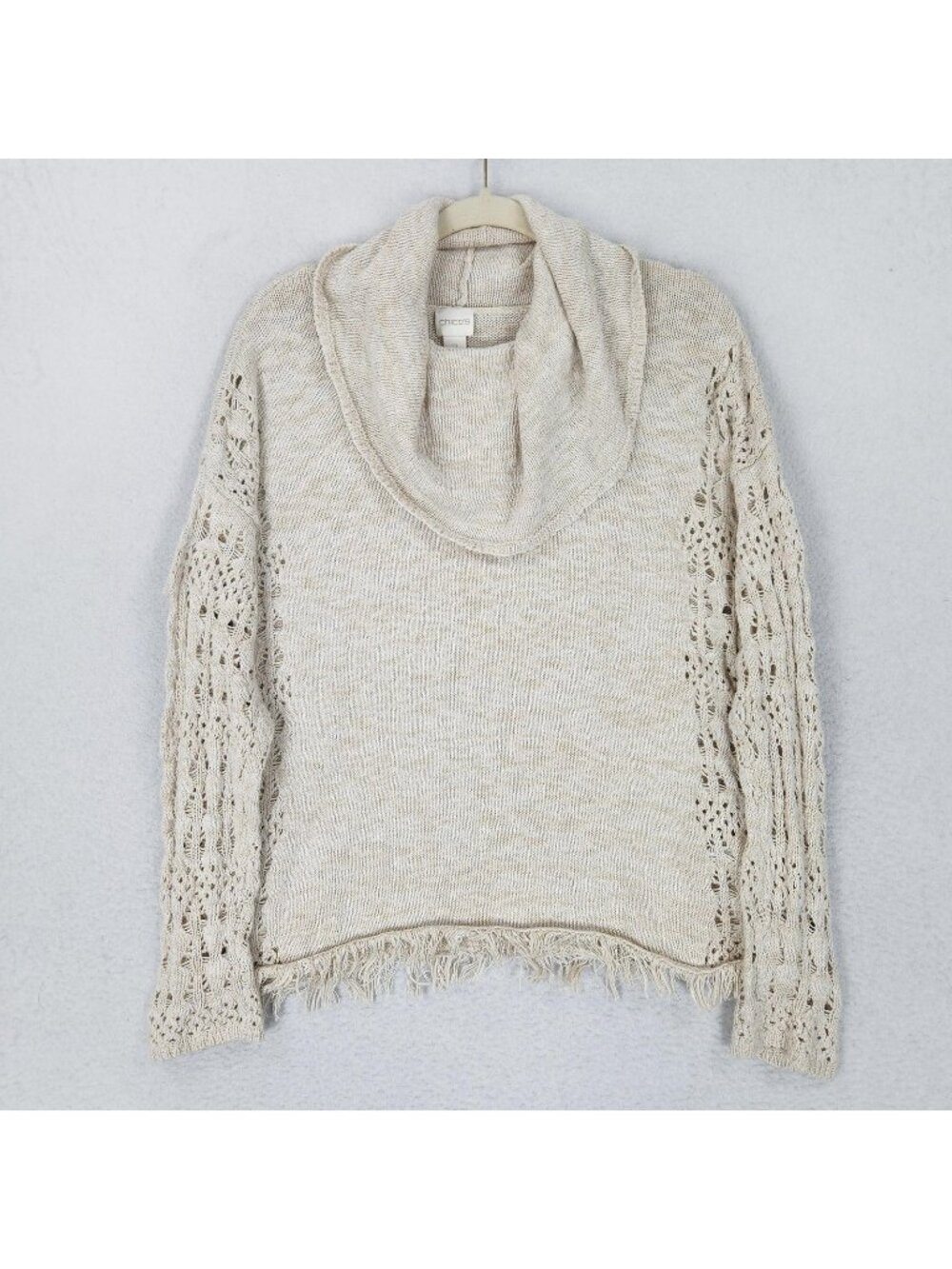 Chicos Sweater Womens 2 Cream 12 Cowl Neck Open Knit Fringe Lightweight Pullover